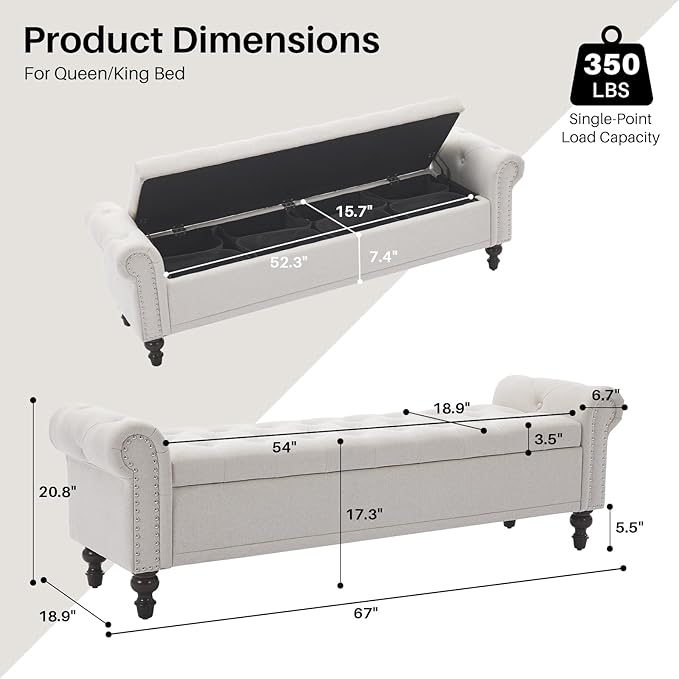 Storage Bench for Bedroom, 67" End of Bed Storage Bench King Size, Upholstered Linen Storage Ottoman with Tufted Cushioned Rolled Arm Large Storage Space for Living Room Entryway, Beige