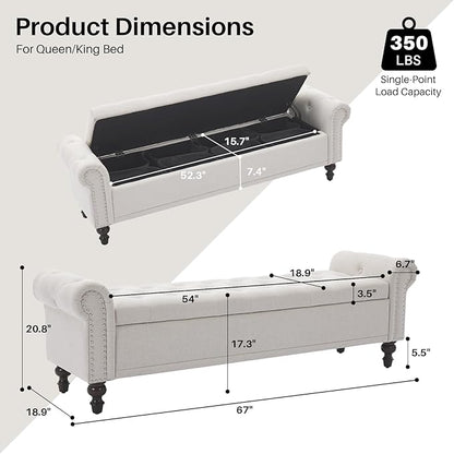 Storage Bench for Bedroom, 67" End of Bed Storage Bench King Size, Upholstered Linen Storage Ottoman with Tufted Cushioned Rolled Arm Large Storage Space for Living Room Entryway, Beige