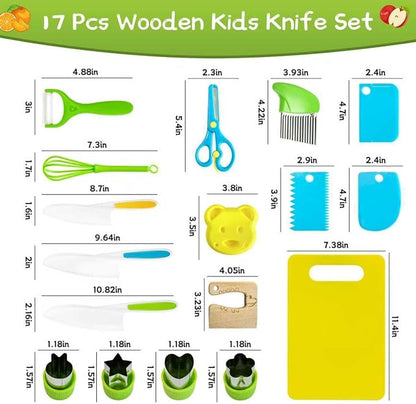 Chanking 17 Pieces Kids Safe Knife Set for Real Cooking Child-Friendly Plastic Chef Tools Montessori Kitchen Toys for Toddlers Birthday Gifts for Boys and Girls Ages 4+ (A)