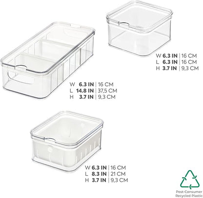iDesign Crisp 3-Piece Recycled Plastic Refrigerator Organizer Bin Set with Lids, Clear/White