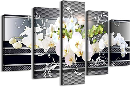 5 Piece Wall decor Canvas art for living room Picture Butterfly Orchid Flowers Contemporary Black White Abstract prints Modern Home bedroom Wall decorations inspirational wall art posters artwork