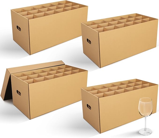 4 Pack Wine Glass Moving Boxes Kitchen Moving Boxes with Handle Kitchen Kit with Lid for Dish Glassware (Brown,24 x 12 x 11 Inches)