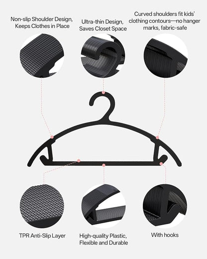 100 Pack Kids Hangers, Non-Slip & Sturdy Coat Hangers, Ultra-Thin Plastic Suit Hangers for 7-12 Years Old, Dry & Wet Dual-Use Multi-Scenario Storage, Holds Up to 11 LB, 14" W,Black,UAPY09100B