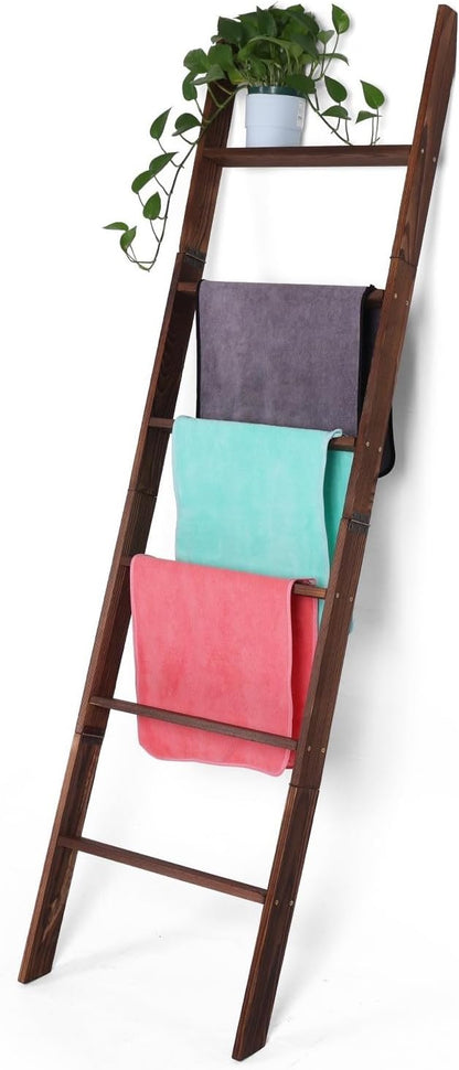 Blanket Ladder for Living Room and Bedroom,6-Tier Decorative Display Ladder Shelf,Ladder Rack for Storage and Decor,Wall Leaning Farmhouse Blanket Storage,Towel Rack, Bathroom,Brown