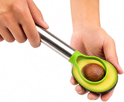 Emptycolor Avocado Slicer Tool, 3-in-1 Stainless Steel Avocado Cutter, Pitter & Peeler, Multi-Function Avocado Tool for Slicing, Scooping, and Pit Removal, Kitchen Gadget with Green Plastic Handle