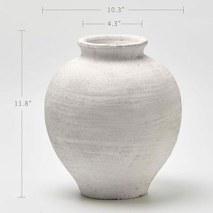 LB2 White Ceramic Large Vase, 11" Tall Zen Style vase, Terra Cotta Pitcher Vase, Distressed Farmhouse Decor, Pottery Decorative Flower for Home Decor (C - White 11.8")