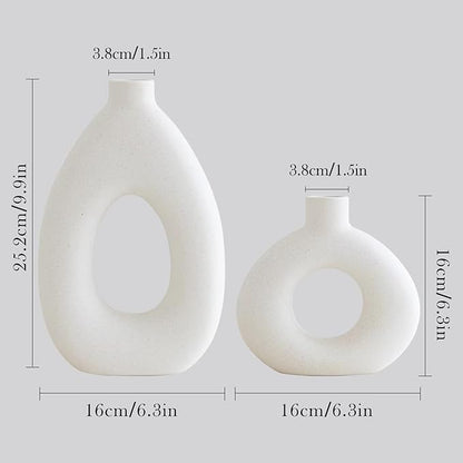 White Ceramic Vase Set of 2 for Modern Home Decor, Round Matte Donut Vases for Pampas Grass, Boho Nordic Minimalism Style Modern Flower Vases for Living Room Table Bookshelf Office Bedroom