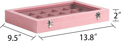 Frebeauty Velvet Jewelry Tray,24 Grid Jewelry Organizer with Clear Lid,Earring Holder Organizer with Clasp,Drawer Insert Rings Pendants Brooches,13.8 x 9.5 x 2 Inches,Gift for Women(Pink)