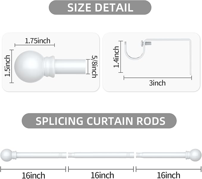 Thestoa Curtain Rods for Windows 30-62 Inch, 5/8" White Curtain Rod for Bedroom, Living Room,Kitchen,Farmhouse, Outdoor