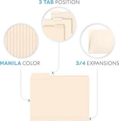 Manila Folders 8.5 x 11, Letter Size 100-Pack - File Folders for Documents 1/3-Cut Tabs, Assorted Positions, Folder Organizer for Home, Office or Classroom | Bulk Pack, Made in USA