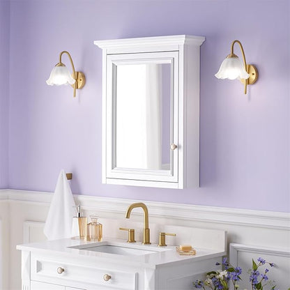 WELLFOR 24 x 30-in Bathroom Cabinet with Double-Side Mirrors, Wall Mounted Wood Mirror Storage Cabinet with 1 Soft-Close Door/2 Solid Wood Shelves, Anti-Fog Glass, Single Left Opening, White