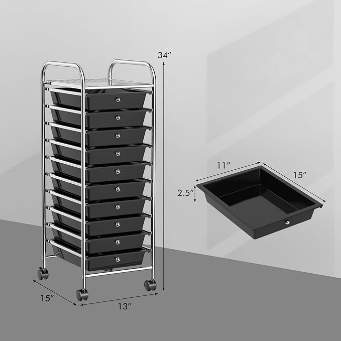 OFFICEJOY Storage Cart, Rolling Utility Cart with 10 Drawers, Portable Handles & Lockable Wheels, Mobile Paper Toys Storage Organizer Large Capacity for Home Office School Teacher (Black)
