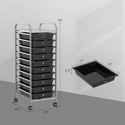 OFFICEJOY Storage Cart, Rolling Utility Cart with 10 Drawers, Portable Handles & Lockable Wheels, Mobile Paper Toys Storage Organizer Large Capacity for Home Office School Teacher (Black)