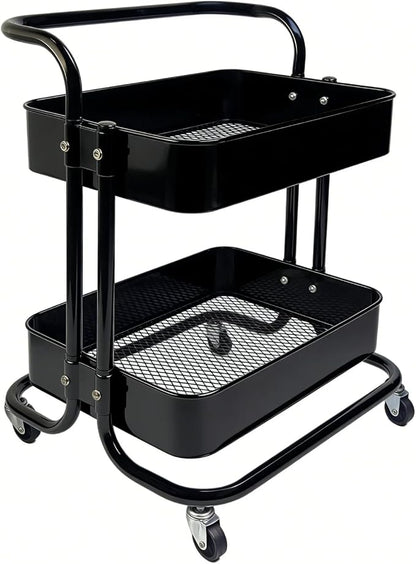 2 Tier Rolling Utility Cart with Wheels All-Metal Short Pantry Cart Under Desk Storage Trolley with Handle, Small Rolling Storage Shelf for Small Space Kitchen Laundry Room Bathroom, Black