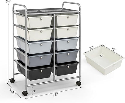 Giantex 10 Drawers Rolling Cart, Classroom Organizers, Storage Cart with Wheels, for Teacher Office Home School Supplies Tool Craft Art Paper, Gray Gradient
