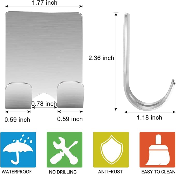 Razor Holder Shaver Hook Hanger Stand for Shower (6 Pack) Self Adhesive Stainless Steel Heavy Duty Utility Storage, Bathroom Kitchen Organizer for Plug Robe Towel Loofah Bathrobe Coat