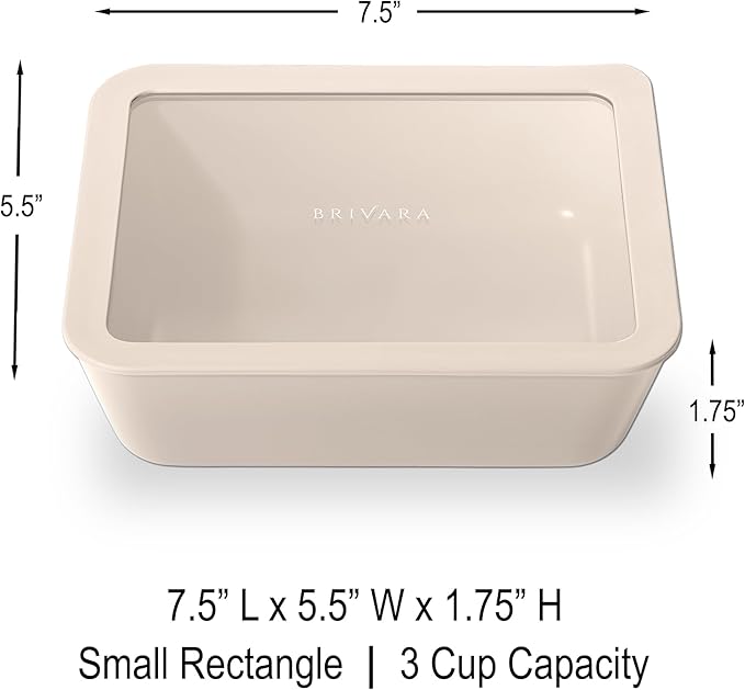 BRIVARA HOME Ceramic Coated Glass Food Storage Container | No PTFE, PFOA, PFAS, and BPA | Reusable Non Toxic Meal Prep Container with Glass Lid | Easy To Store | 3 Cup Rectangle [Crema]