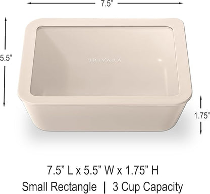 BRIVARA HOME Ceramic Coated Glass Food Storage Container | No PTFE, PFOA, PFAS, and BPA | Reusable Non Toxic Meal Prep Container with Glass Lid | Easy To Store | 3 Cup Rectangle [Crema]