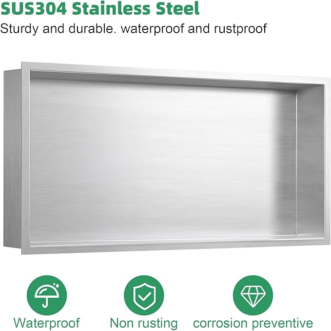 SaniteModar Shower Niche, Stainless Steel Shower Niche 12" X 24" No Tile Needed, Recessed for Bathroom Storage, Brushed Silver (Brushed Silver, 12x24)