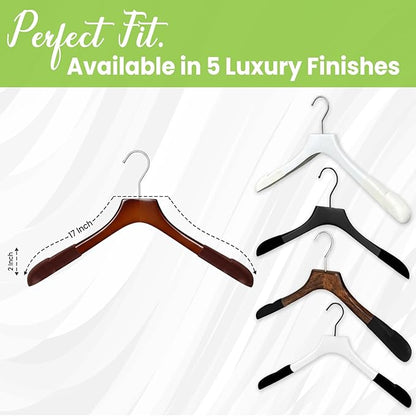 Premium Luxe Wooden Hangers for Women, Wide Shoulder Design for Dresses, Skirts, Sweaters & Blouses, Heavy Duty with Velvet Grip, High Gloss Brown with Brown Velvet, 12 pcs