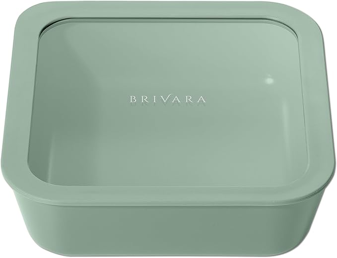 BRIVARA HOME Ceramic Coated Glass Food Storage Container | No PTFE, PFOA, PFAS, and BPA | Reusable Non Toxic Meal Prep Container with Glass Lid | Easy To Store | 8 Cup Square [Willow]