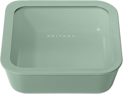 BRIVARA HOME Ceramic Coated Glass Food Storage Container | No PTFE, PFOA, PFAS, and BPA | Reusable Non Toxic Meal Prep Container with Glass Lid | Easy To Store | 8 Cup Square [Willow]