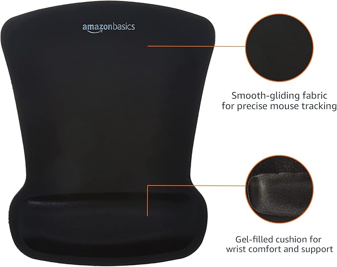 Amazon Basics Ergonomic Mouse Pad with Wrist Support for Pain Relief, Gel-Filled Cushion, Non-Slip Rubber Grip Base, 10.1 x 8.1 Inches, Black