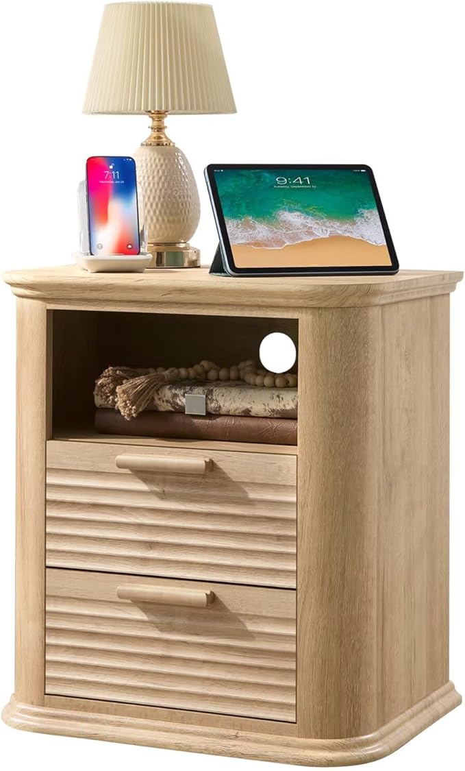 22" Fluted Night Stand with Charging Station,Modern End Table with 2 Drawers & Open Storage,Stylish Bedside Table for Living Room,Bedroom,Side Tables Curved Profile Design
