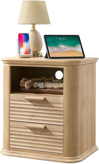 22" Fluted Night Stand with Charging Station,Modern End Table with 2 Drawers & Open Storage,Stylish Bedside Table for Living Room,Bedroom,Side Tables Curved Profile Design