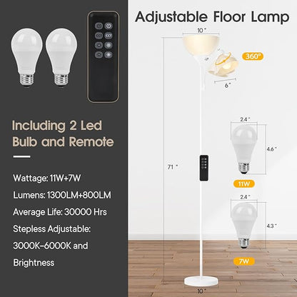 GERGO Led Floor Lamp, Super Bright 11W+7W 2100LM Torchiere Floor Lamps for Living Room, Stepless Adjustable 3000K-6000K Temperatures with Remote Control for Bedroom (White)