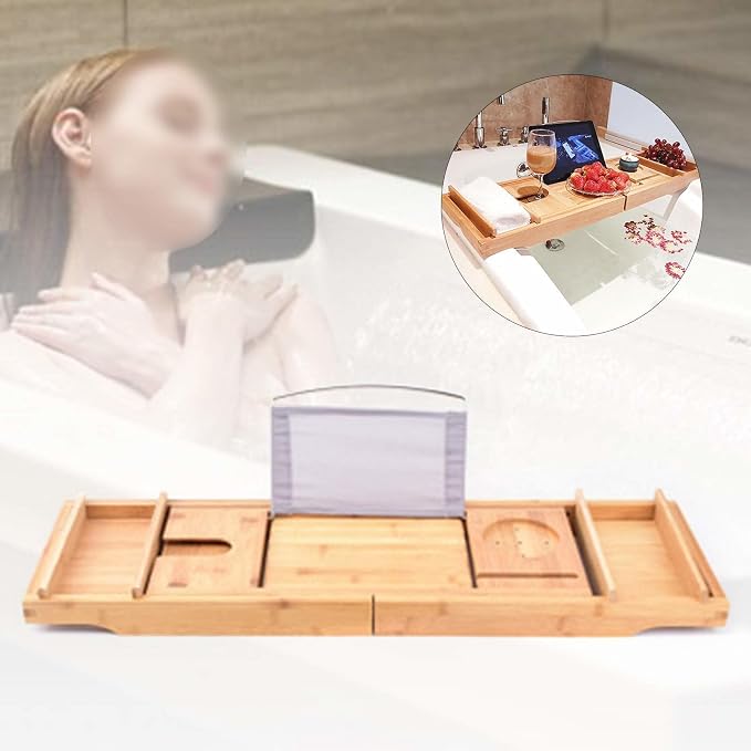 Bath Caddy Tray Bamboo Bathtub Tray Caddy Expandable with Wine Glass Holder and Book Stand
