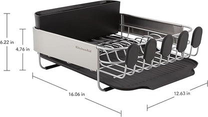 KitchenAid Compact, Space Saving Rust Resistant Dish Rack with Removable Flatware Caddy and Angled Self Draining Drainboard, 16.06-Inch, Black