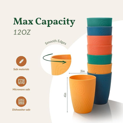 Homienly Wheat Straw Cups, Premium Alternative to Plastic Cup Set of 8, Unbreakable Lightweight Drinking Cups for Kitchen, Outdoor, RV, Microwave and Dishwasher Safe Drinking Glasses(12 OZ, Multi)