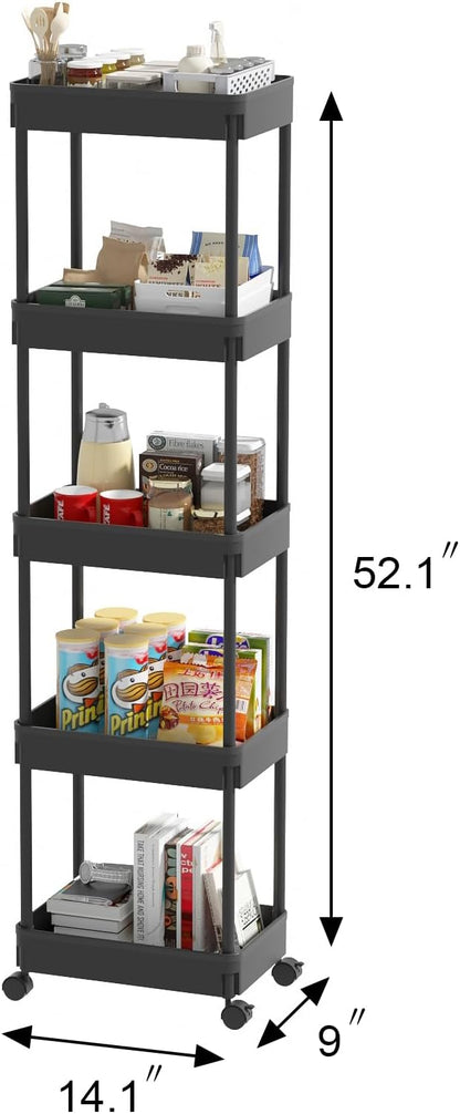 Sooyee 5-Tier Plastic Rolling Utility Cart with Wheels, Multi-Functional Storage Trolley for Office, Living Room, Kitchen, Movable Storage Organizer, Black