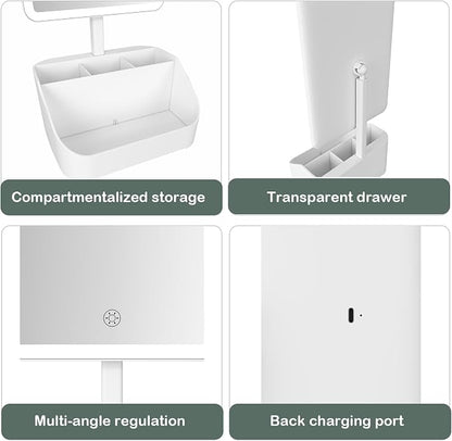 Rechargeable Makeup Mirror Organizer with LED Lights & 20X Magnification, Large Capacity Cosmetic Display Case for Skincare & Makeup Brushes, Countertop Vanity Organizer for Bedroom, Bathroom (Cream)