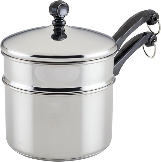 Farberware Classic Series Stainless Steel Double Boiler and Saucepan with Lid, Double Boilers For Stove Top, 2-Quart