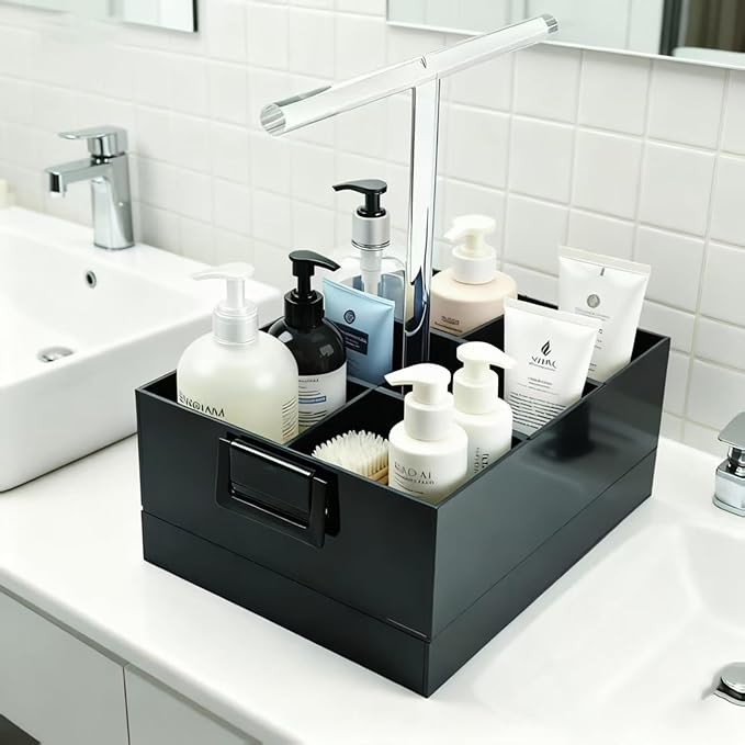 Black Shower Caddy stotage box.portable shower caddy,6-grid acrylic classification storage with tray.Suitable for bath Dorm Room,office,kitchen,dining,hotel,bar,travel,home organizer and storage box.