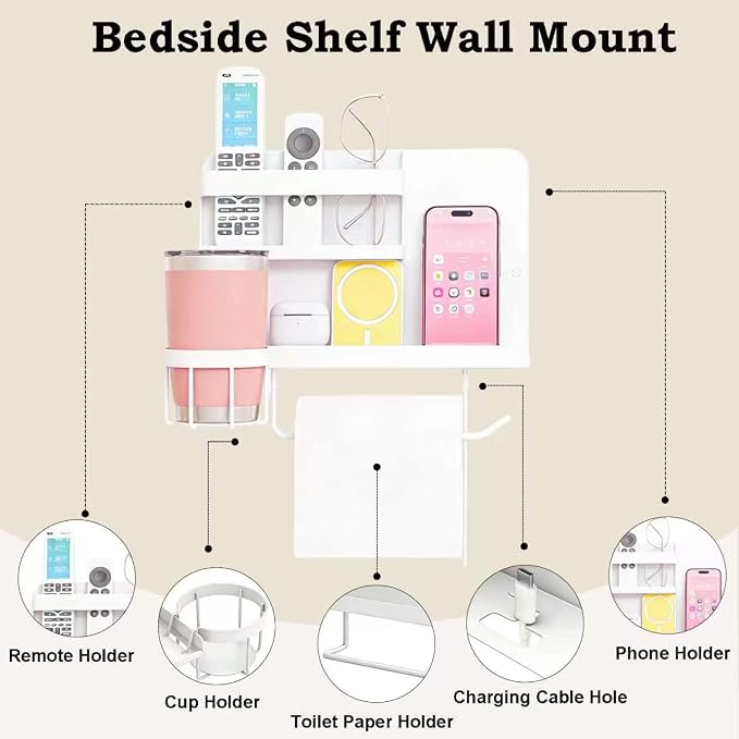 Floating Bedside Wall Organizer & Dorm Decor | Wall Mount Essential Wall Nightstand Bed Shelf for Remote Control Holder, Cool Teen Girls Trendy Stuff, Room Organization