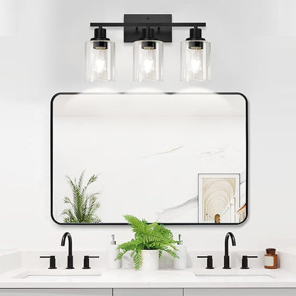 3-Light Bathroom Light Fixtures, Vanity Light with Clear Glass Shades, Matte Black Bathroom Light Fixtures Over Mirror, Modern Bathroom Wall Lamp for Mirror Living Room Cabinet Bedroom