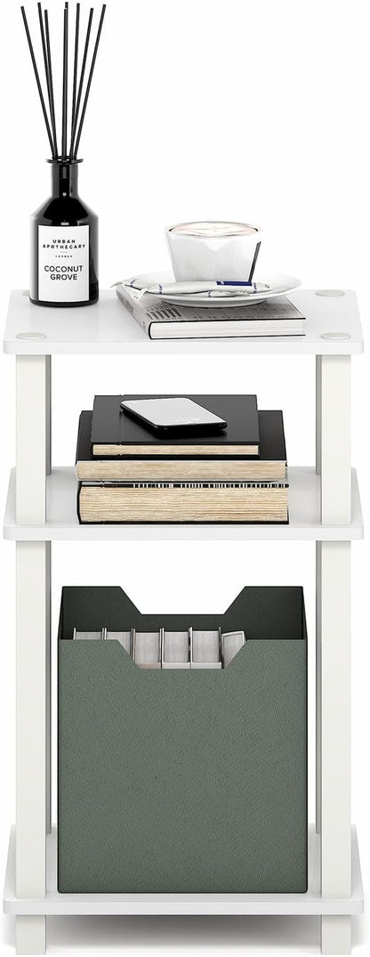 Furinno JUST Side Table, 3-Tier Open Shelf End Table, Toolless Assembly Night Stand, Bedside Table with Square Tube, for Living Room, Bedroom, White