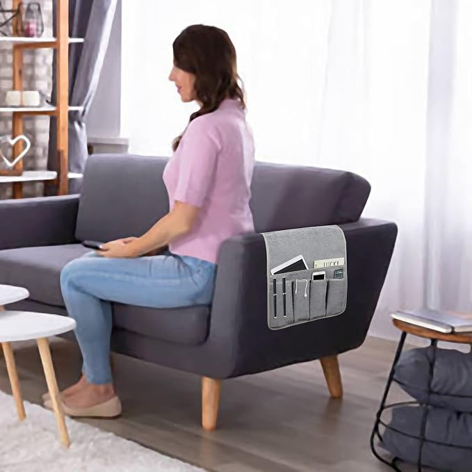 NB Remote Control Holder，Bedside & Armchair & Couch Caddy with Non-Slip Base，5 Pockets Oxford Fabric Bed Desk Storage Pocket for Phone Tablet Kindle Magazines，Gifts for Seniors (Gray, 35"X12.4")