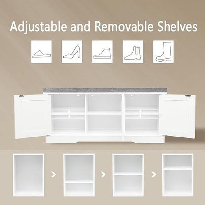DINZI LVJ Shoe Bench, Entryway Storage Bench with Doors, Cushion, 2-Tier Shoe Rack with 6-Cubby, 39.4”L x 13.8”W Shoe Organizer Cabinet, Adjustable Shelf, Living Room, Bedroom, White