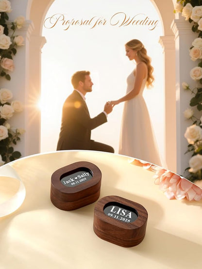 Custom4U Personalized Wooden Ring Box for Ceremony 2 Slots Engagement Ring Holder Box Vintage Wood Ring Bearer Wedding Jewelry Gift