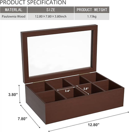 Alsonerbay Wooden Tea Box Tea Bag Holder Kitchen Storage Chest Box for Spice Pouches and Sugar Packets with 8 Compartments and Glass Window Walnut