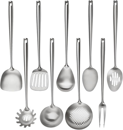 18/10 Stainless Steel Cooking Utensils Set,9 Pcs Professional All Metal Stainless Steel Kitchen Utensils Set with Wok Spatula,Soup Ladle,Skimmer,Slotted Spatula Turner, Large Spoon(Dishwasher Safe)