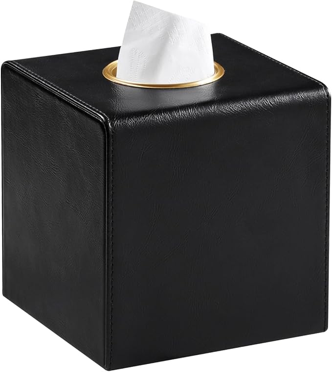 MEIBOOCH Square Tissue Box Cover, Luxury PU Leather Tissue Holder with Magnetic Closure (Black)