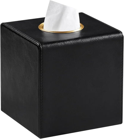 MEIBOOCH Square Tissue Box Cover, Luxury PU Leather Tissue Holder with Magnetic Closure (Black)