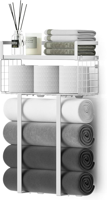 Towel Racks for Bathroom, Bathroom Shelf Over Toilet,Floating Shelves with Towel Rack Paper Holder Storage Basket,Floating Shelves for Wall Decor,White