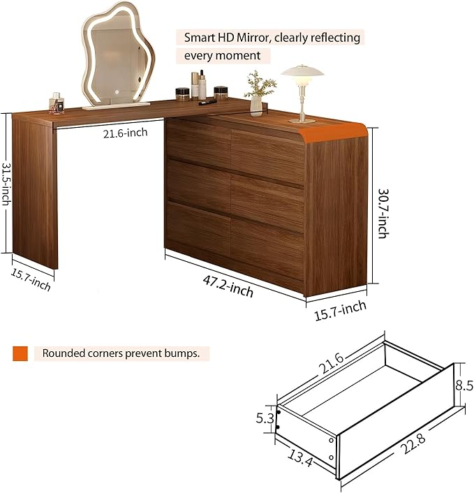 Makeup Vanity Desk with Mirror and Lights, 50-90inch Extendable Mid Century Walnut Makeup Dresser Combo with 47 Inch 6 Drawer Dresser and L Shaped Vanity Desk, Without Stool, Brown