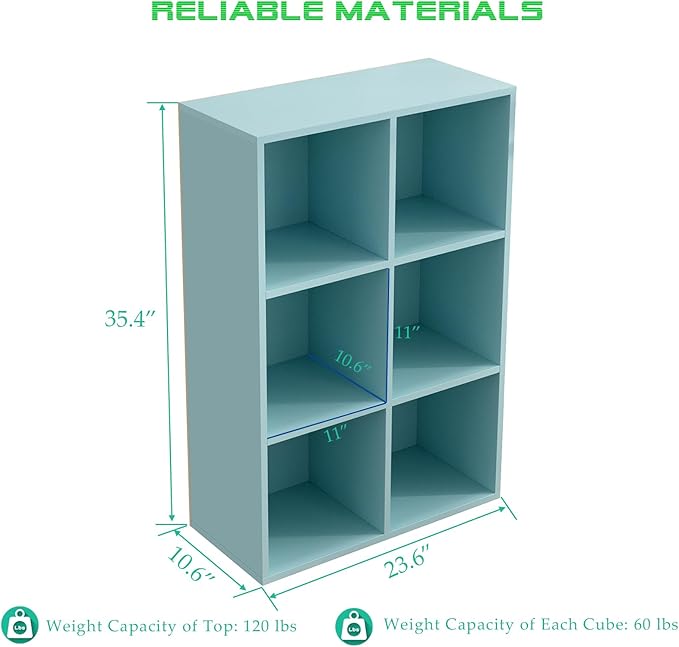 OSCHF 6-Cube Storage Shelf Bookcase - Wooden 3-Tier Floor Standing Open Bookshelf for Home and Office, Display Cabinet, Light Blue